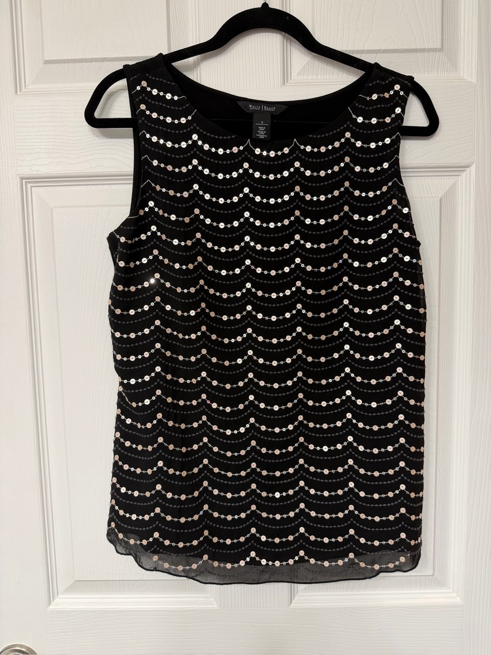 White House Black Market Black Sequin Scallop Sleeveless Shell